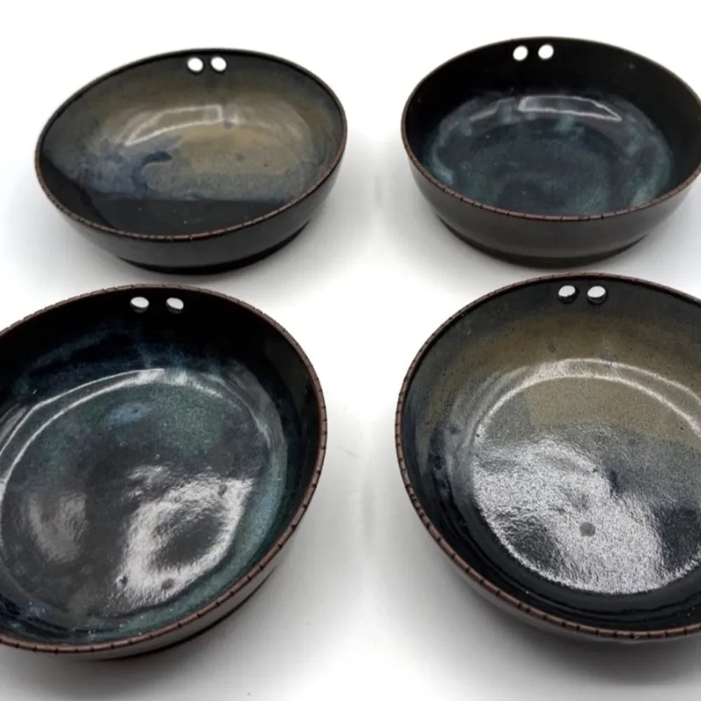 Vintage Japanese Ramen Bowls Chopstick Holes Blue Glaze 6